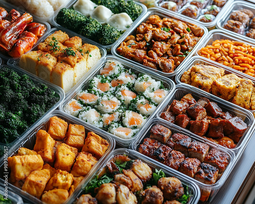 A vibrant assortment of delicious Asian cuisine displayed in clear containers, showcasing an array of flavors and textures.