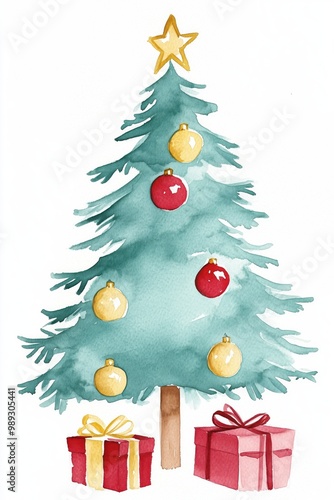 A watercolor painting of a Christmas tree adorned with red and yellow ornaments, with wrapped gifts placed underneath, perfectly capturing the festive holiday spirit. photo