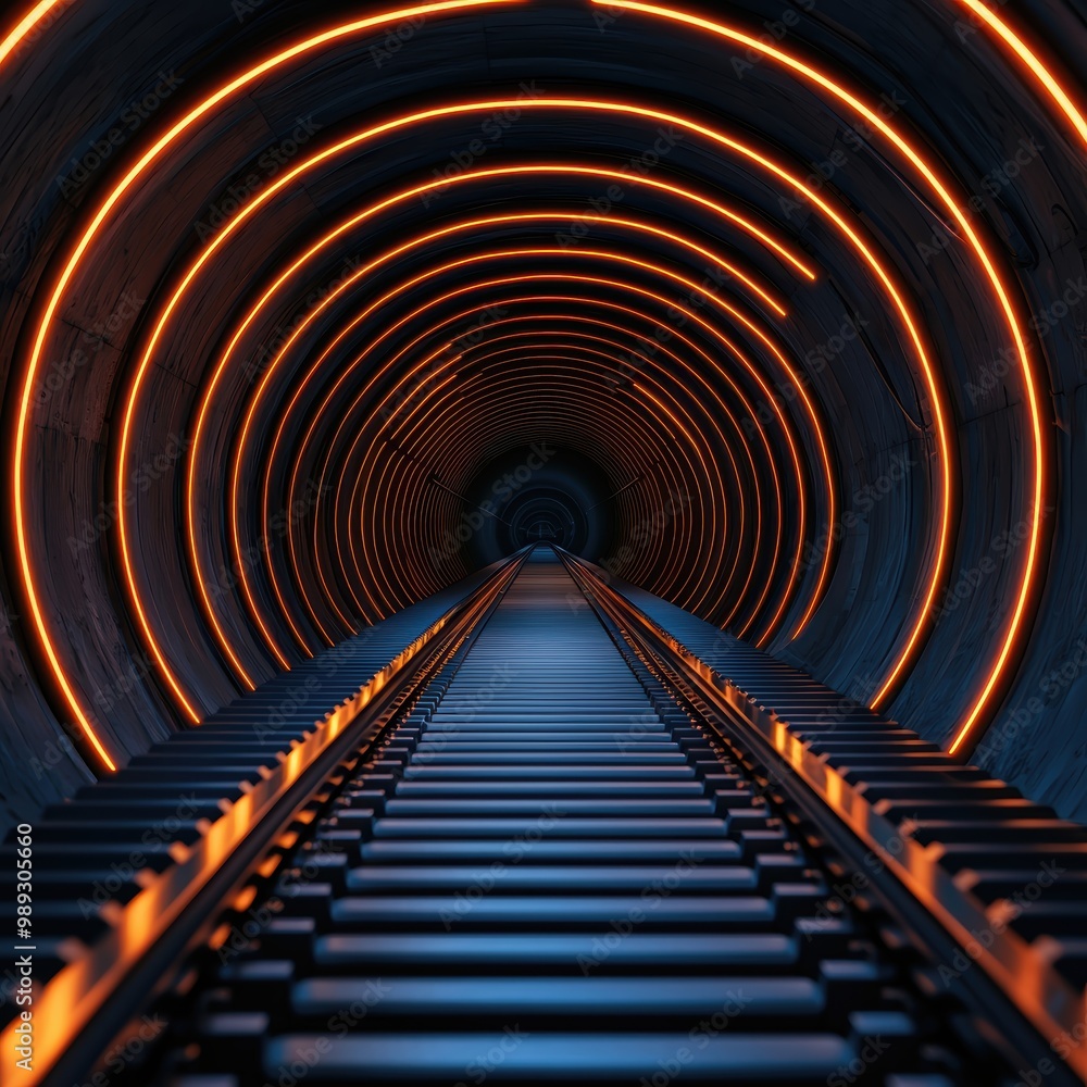 Fototapeta premium Futuristic Tunnel with Neon Lights and Rail Tracks