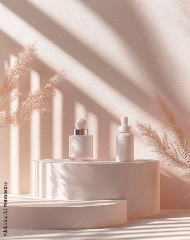 Elegant skincare products displayed in soft sunlight with minimalistic decor, creating a serene and stylish aesthetic. Elegant skincare products displayed in soft sunlight with minimalistic decor, creating a serene and stylish aesthetic.