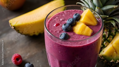 A vivid close-up of a bright and colorful fruit smoothie, featuring a blend of berries mango, and pineapple,generative ai