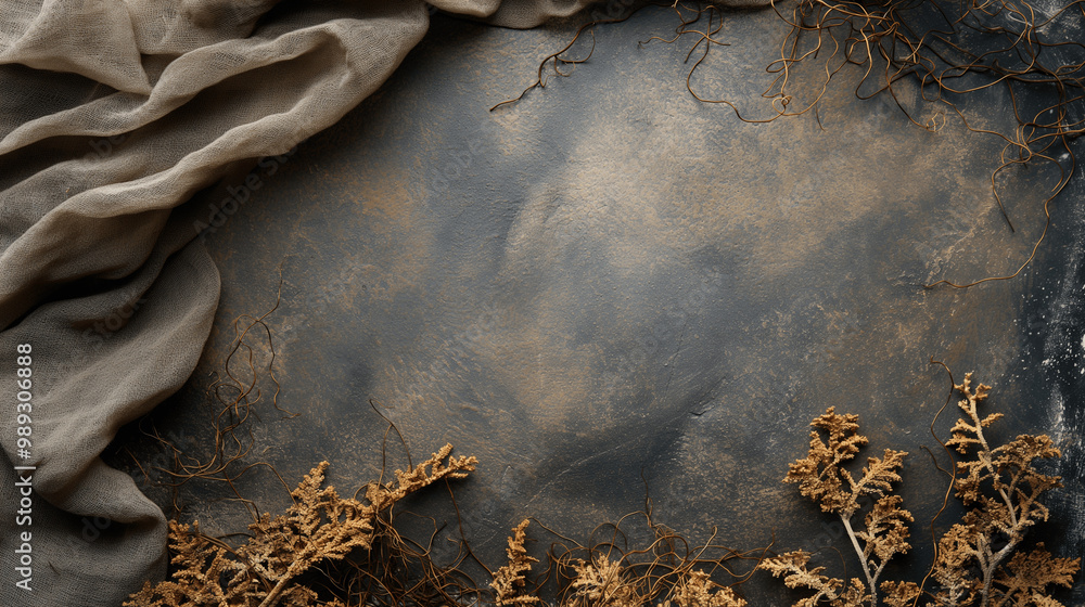Rustic dried foliage and textured fabric on a weathered stone background. Empty copy space for design 