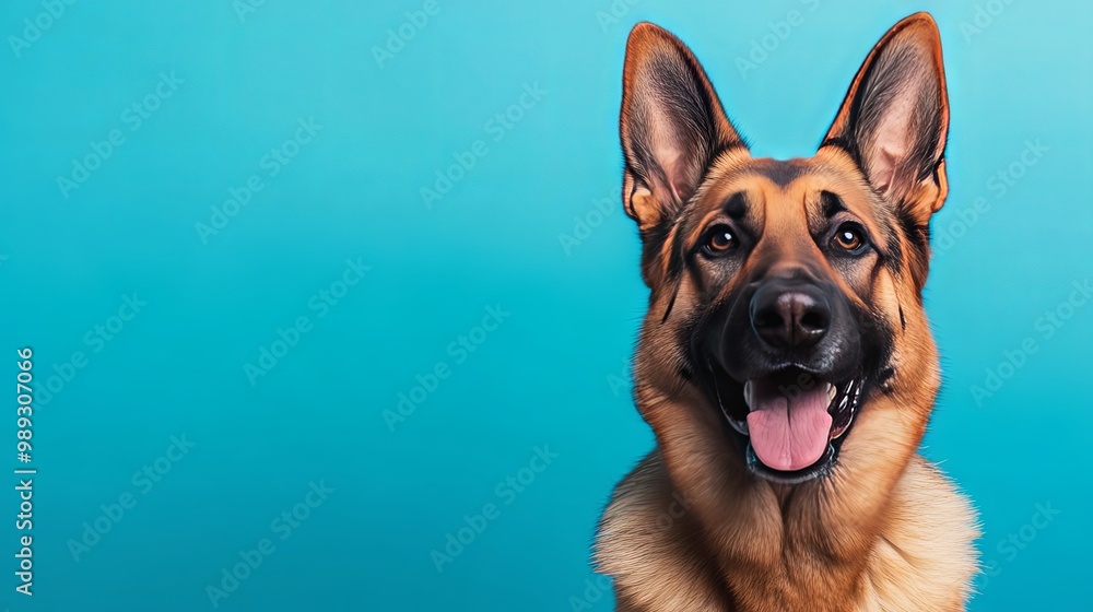 Close-up of a happy German Shepherd dog with a blue background Close-up of a happy German Shepherd dog with a blue background
