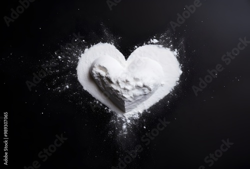White Powder Heart Shape on Black Background