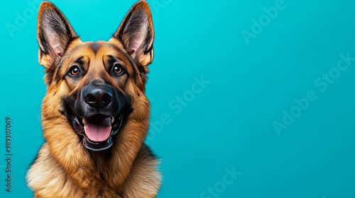 Close-up of a happy German Shepherd dog with a blue background