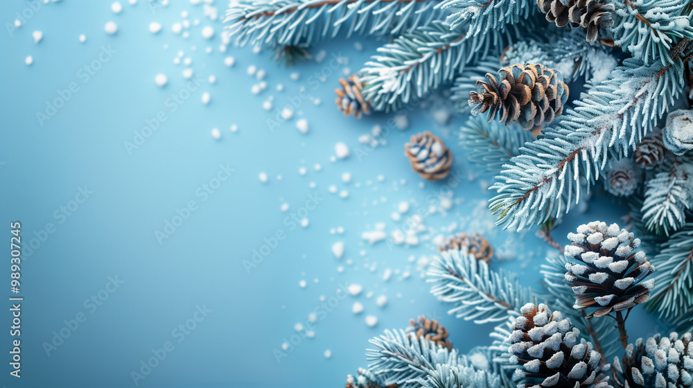 Snow-covered pine branches and cones on blue winter background Snow-covered pine branches and cones on blue winter background