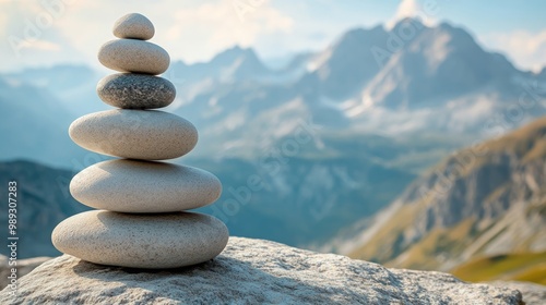 Stacked stones in the foreground with a mountain range in the background.