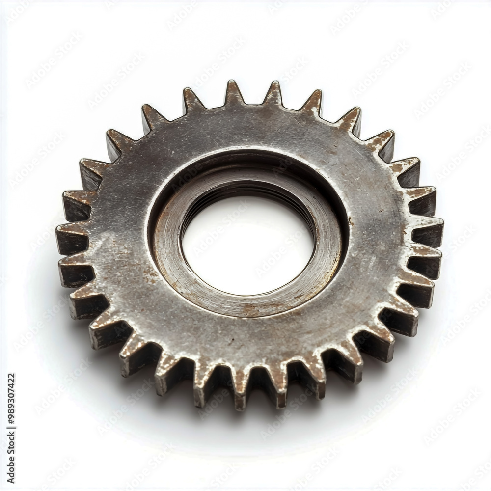Two gears, one large and one small, connected by an oversized stainless steel diamond-cut gear with sharp teeth. Two gears, one large and one small, connected by an oversized stainless steel diamond-cut gear with sharp teeth.