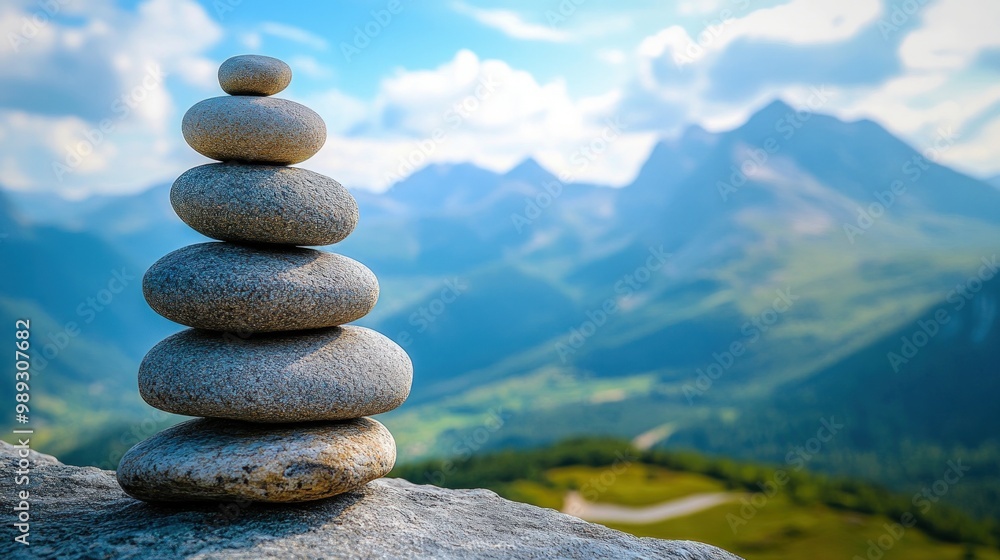 Balanced stones on a mountain peak with a view of the valley. Balanced stones on a mountain peak with a view of the valley.
