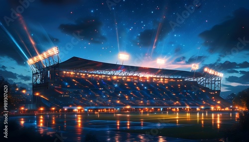 Vibrant stadium field aglow with bright lights, radiating energy and excitement under the enchanting night sky, ready for an unforgettable event photo