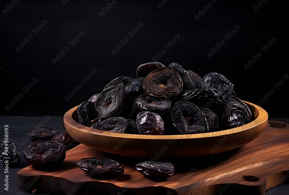 Dried Plums in Wooden Bowl on Black Background Dried Plums in Wooden Bowl on Black Background