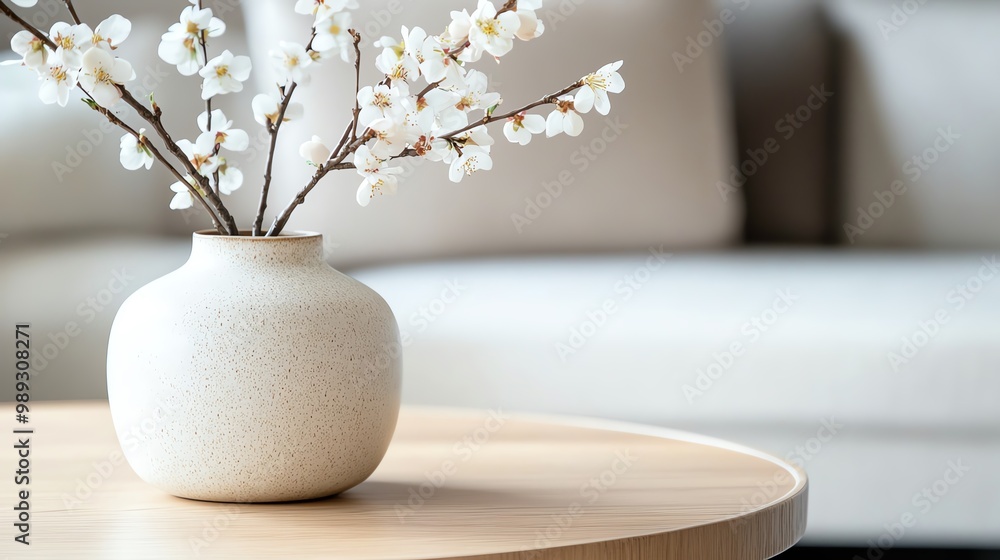 Minimalist beige vase with white blossoms on a wooden table with a blurred modern living room background, emphasizing simplicity and elegance. Minimalist beige vase with white blossoms on a wooden table with a blurred modern living room background, emphasizing simplicity and elegance.