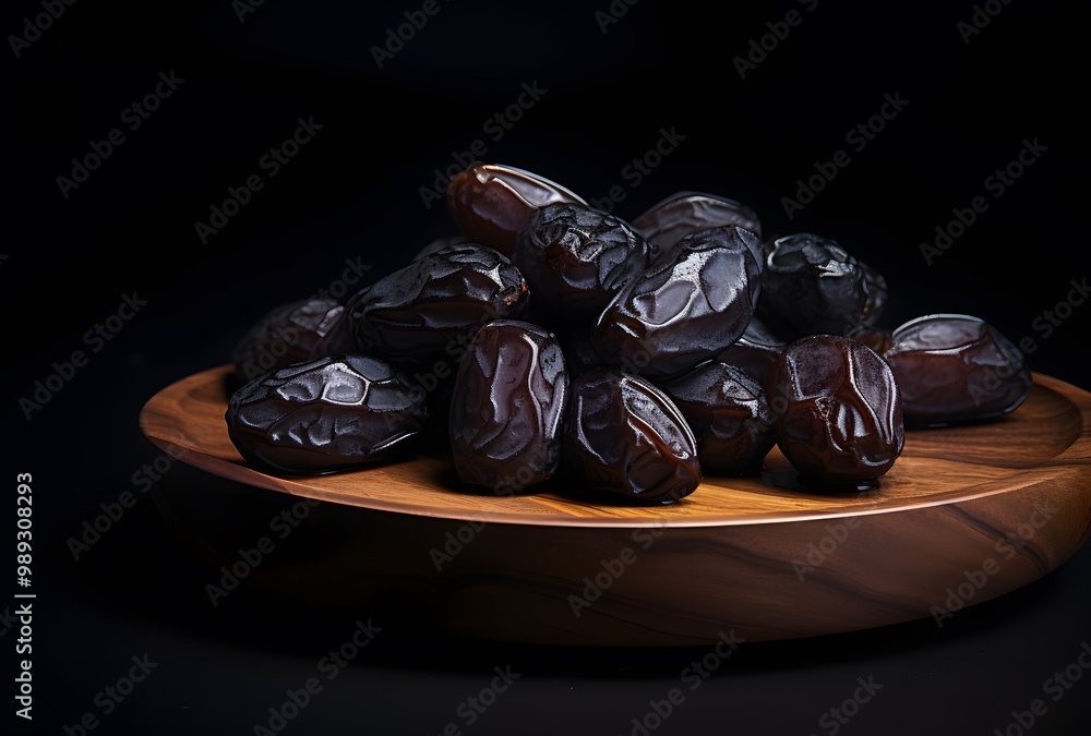 Dried Dates on Wooden Plate, Black Background Dried Dates on Wooden Plate, Black Background
