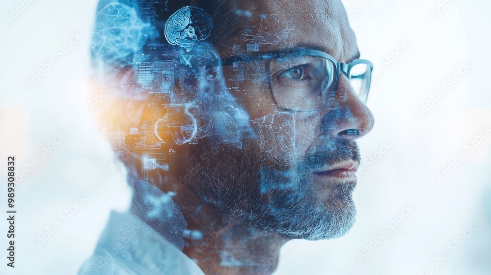 Obraz premium Portrait of thoughtful man with digital interface overlay
