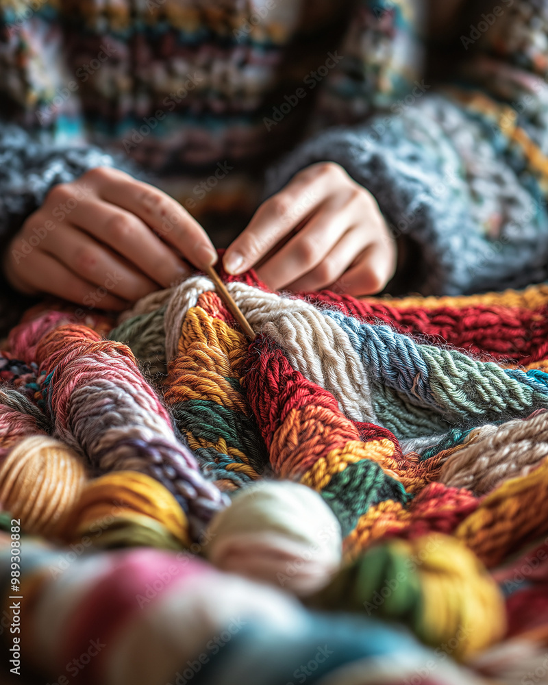 Person crocheting with colorful yarn in a cozy atmosphere, warm winter light Person crocheting with colorful yarn in a cozy atmosphere, warm winter light
