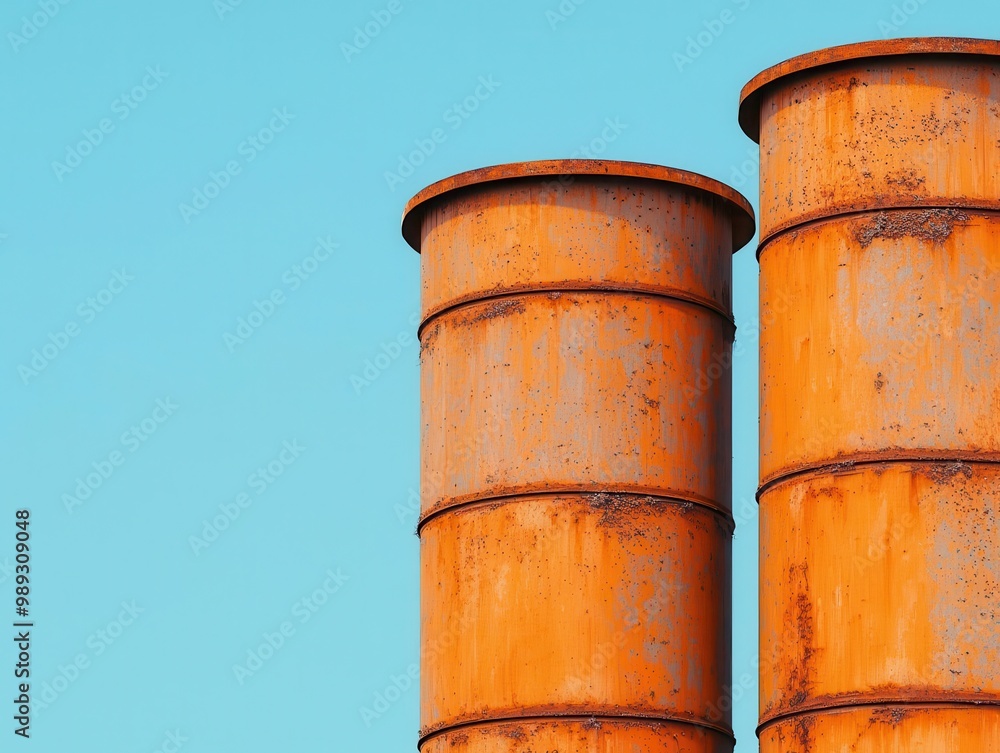 Rusted factory silos with faded company logos, Industrial memories, Time-worn symbols Rusted factory silos with faded company logos, Industrial memories, Time-worn symbols