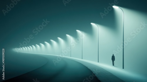 A man walking down a road in the fog with street lights, AI