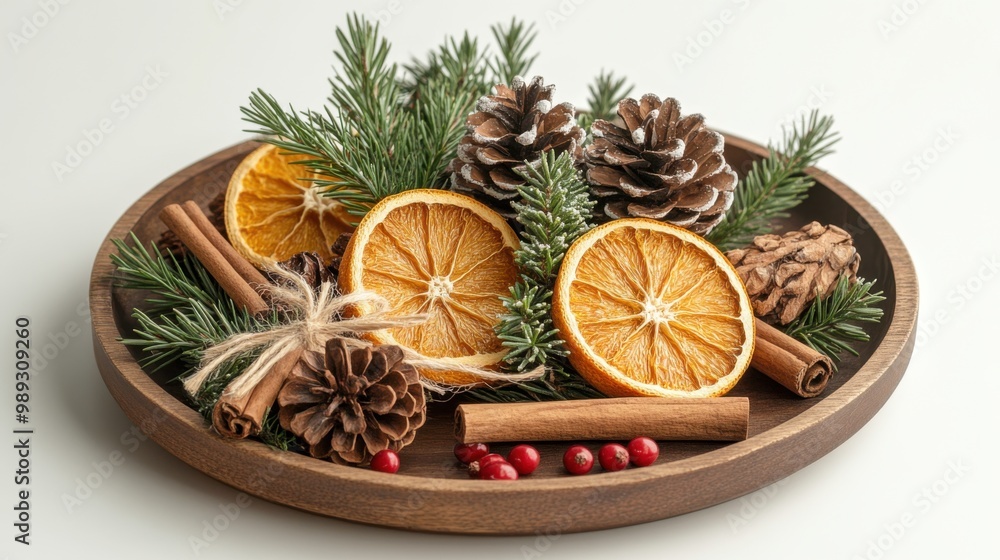 Rustic holiday decoration featuring pinecones, dried oranges, cinnamon sticks, and spruce branches arranged on a wooden plate. perfect for festive home decor and seasonal design. Rustic holiday decoration featuring pinecones, dried oranges, cinnamon sticks, and spruce branches arranged on a wooden plate. perfect for festive home decor and seasonal design.