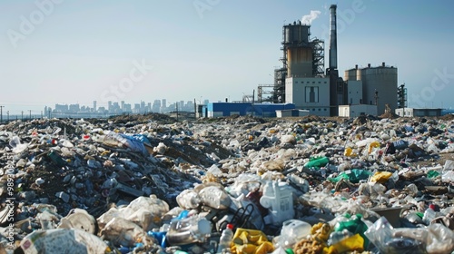 A large landfill filled with plastic waste in front of an industrial factory.  The photo highlights environmental pollution and waste management.