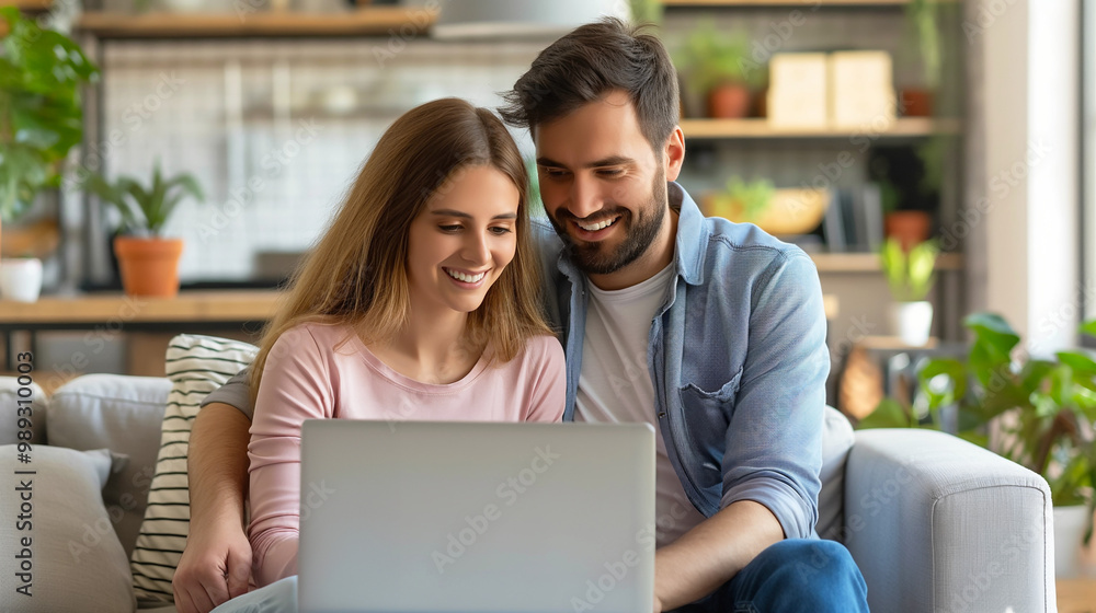 Happy couple using laptop together in modern cozy living room Happy couple using laptop together in modern cozy living room