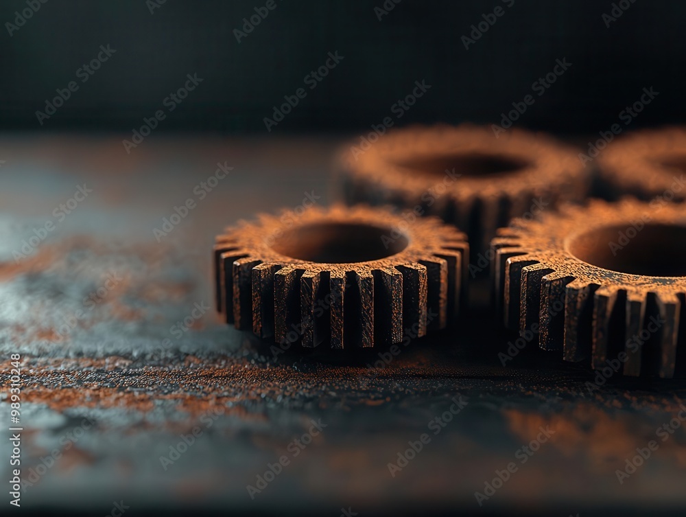 Rusty gears and cogs covered in dust inside a crumbling factory, Mechanical decay, Industrial history Rusty gears and cogs covered in dust inside a crumbling factory, Mechanical decay, Industrial history