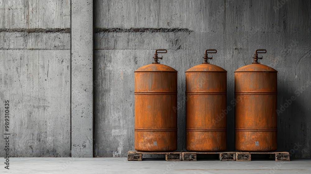 Obraz premium Rusted water tanks inside an abandoned factory, Industrial decay, Forgotten utilities