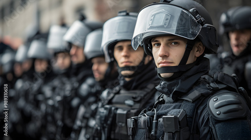 A riot police unit standing in formation during a protest.