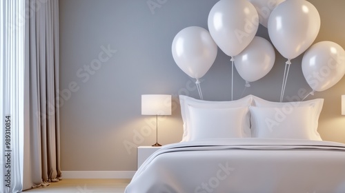 A bed with white sheets and balloons in a bedroom, AI