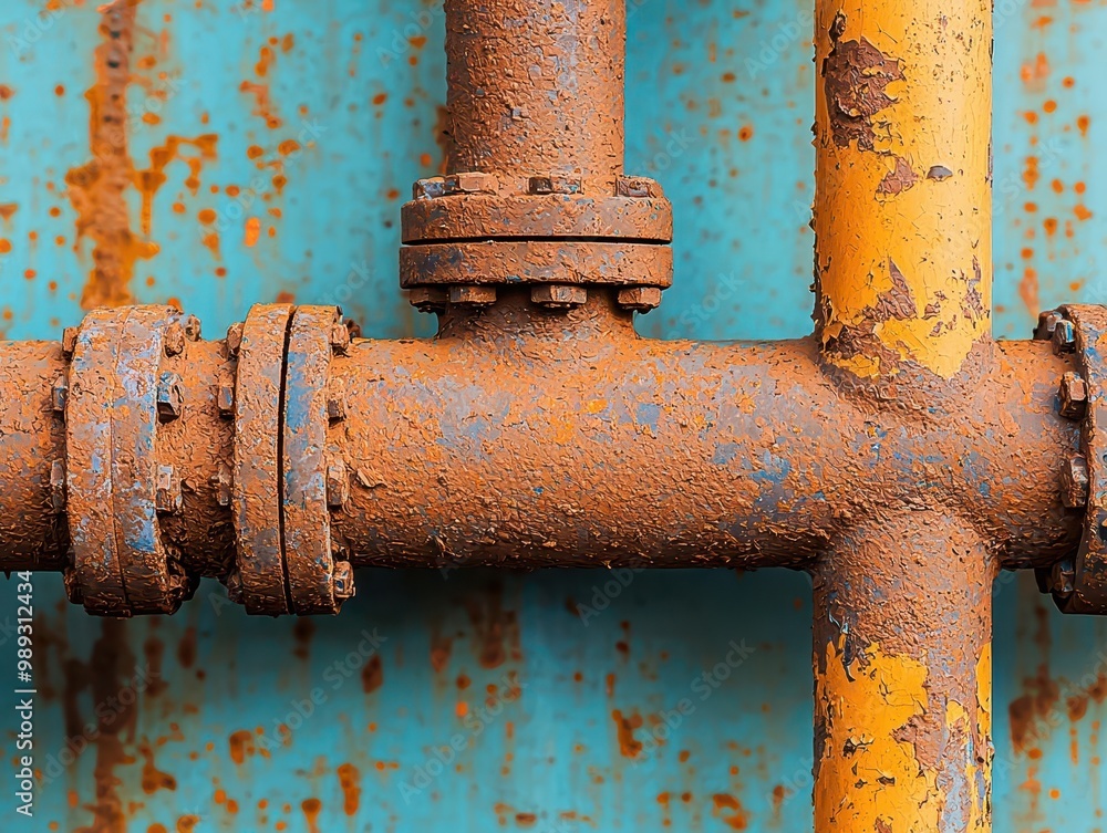Rusty factory tanks and pipes with peeling paint, Old machinery, Aging industry Rusty factory tanks and pipes with peeling paint, Old machinery, Aging industry