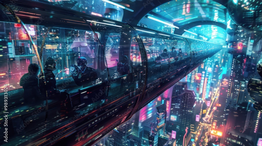 Futuristic Cityscape with a Transparent Train Futuristic Cityscape with a Transparent Train