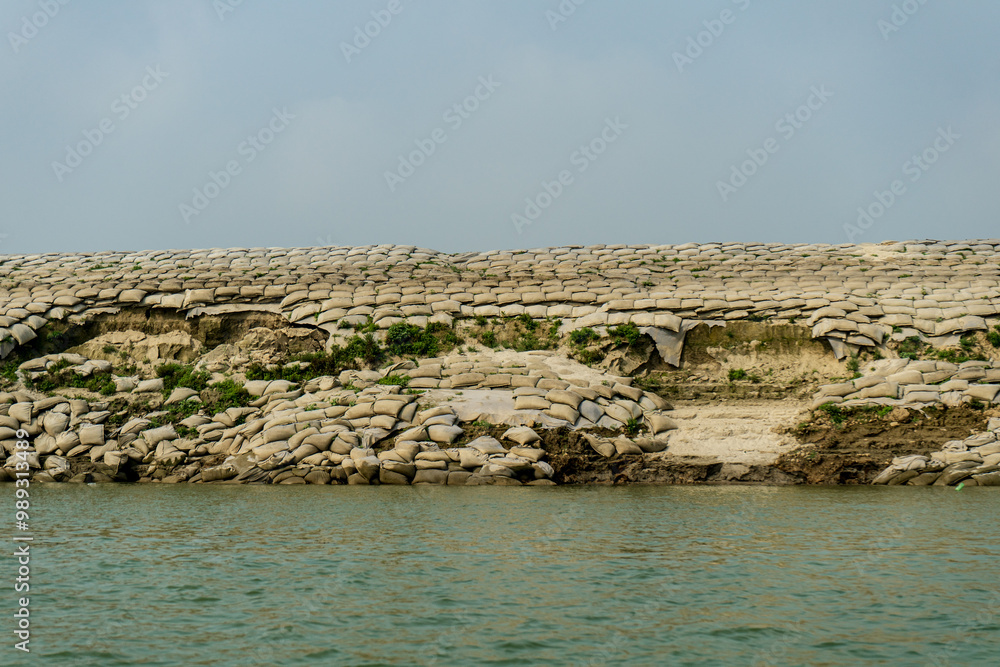 Sandbags, geobags to protect riverbank from erosion and flooding. Bangladesh, Padma River.