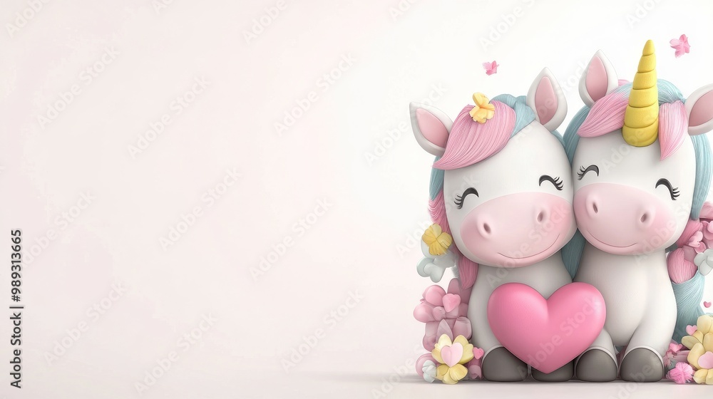 A charming couple of cartoon unicorns forming a love heart, capturing the essence of romance and whimsy in a delightful 3D rendering A charming couple of cartoon unicorns forming a love heart, capturing the essence of romance and whimsy in a delightful 3D rendering