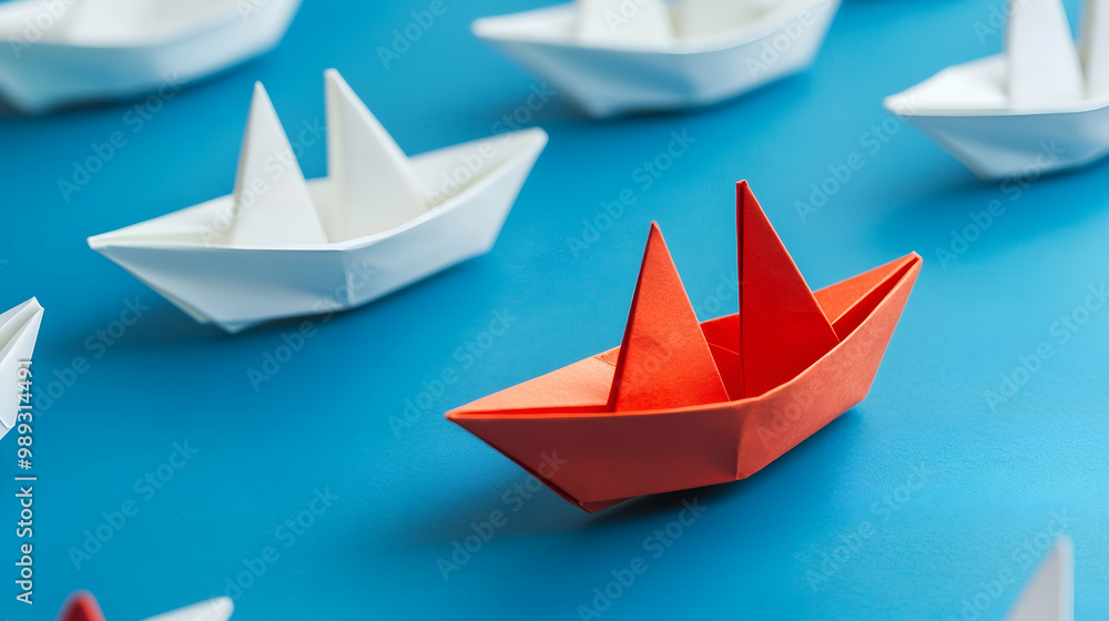 Group of white paper ship in one direction and one red paper ship pointing in different way. Be Creative Concept. Group of white paper ship in one direction and one red paper ship pointing in different way. Be Creative Concept.