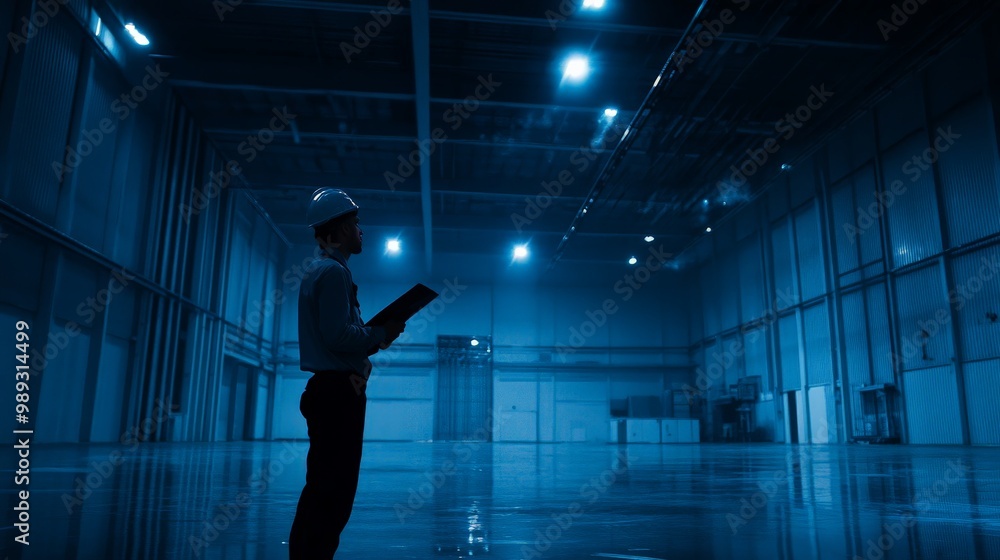 Fototapeta premium Futuristic Warehouse with Silhouetted Person