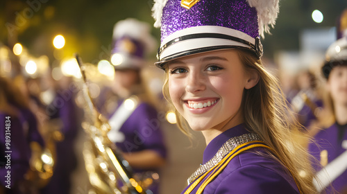 A small town high school homecoming parade marching bands floats and cheering crowds lining the streets.