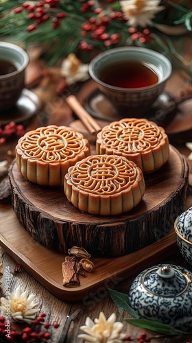 Traditional mooncakes presented on a table with tea