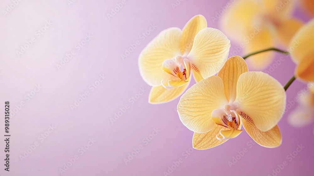 A bright yellow orchid with intricate petal veining, isolated on a soft lavender background for a striking yet harmonious composition A bright yellow orchid with intricate petal veining, isolated on a soft lavender background for a striking yet harmonious composition