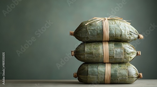 Traditional Zongzi wrapped in bamboo leaves, presented with ample copy space photo