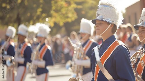 A small town high school homecoming parade marching bands floats and cheering crowds lining the streets.
