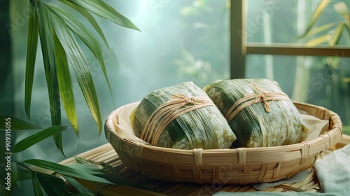 Traditional Zongzi wrapped in bamboo leaves, presented with ample copy space photo