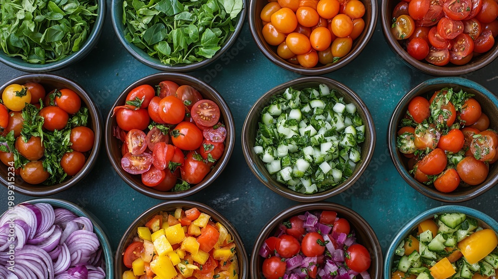 Vibrant salad bowls brimming with tomatoes, onions, and other garden-fresh ingredients Vibrant salad bowls brimming with tomatoes, onions, and other garden-fresh ingredients