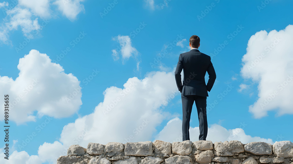 Business strength and barrier to entry concept. Industry and business leadership. Having a good business model and competitiveness. A confident executive stands on the castle wall. Business strength and barrier to entry concept. Industry and business leadership. Having a good business model and competitiveness. A confident executive stands on the castle wall.