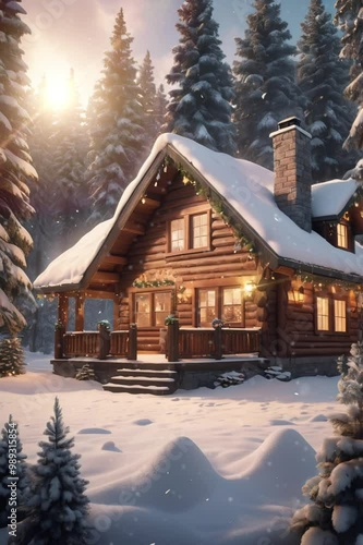 Wallpaper Mural Cozy cabin nestled in snow-covered forest, illuminated by warm glow of windows. Torontodigital.ca