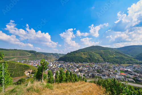 View from the vineyards to the wine town of Dernau, in the Ahrweileiler district, Germany photo