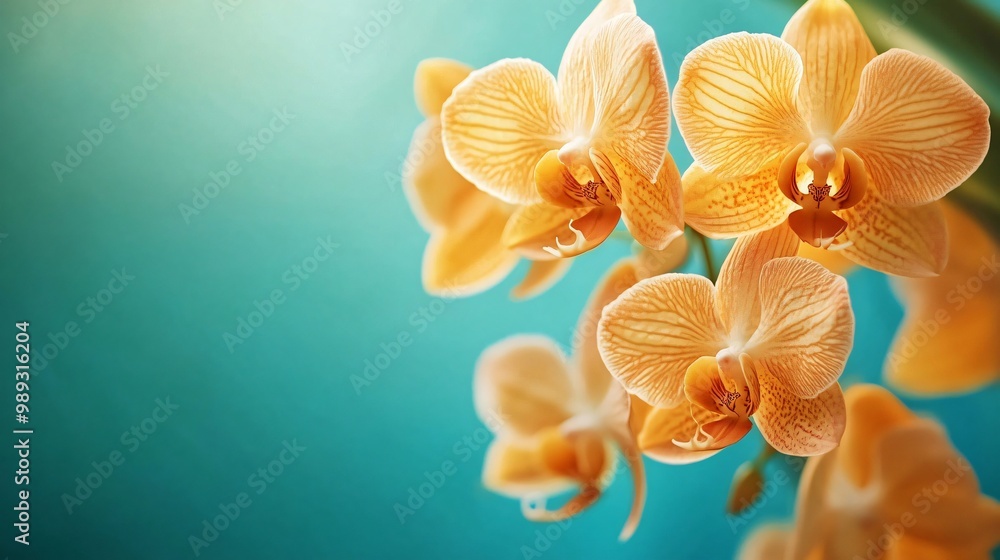 A cluster of yellow and orange orchids, set against a cool teal background to make the colors pop with tropical vibrancy A cluster of yellow and orange orchids, set against a cool teal background to make the colors pop with tropical vibrancy