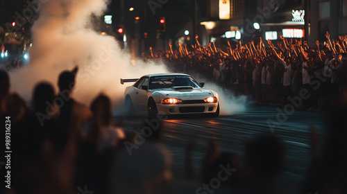 A street racing scene where a car drifts past a crowd of cheering spectators.