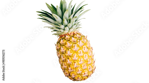 Vibrant yellow pineapple, adorned with spiky green leaves, showcases its luscious golden skin against a clean white backdrop, emphasizing its tropical allure and freshness.