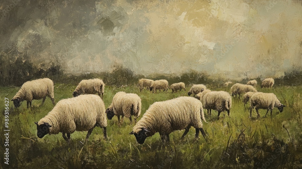 Fototapeta premium A Pastoral Landscape with a Flock of Sheep Grazing in a Field