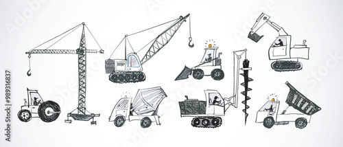 Vector doodle sketch of various construction vehicles, including cranes, excavators, trucks, and loaders, in hand-drawn style on white background