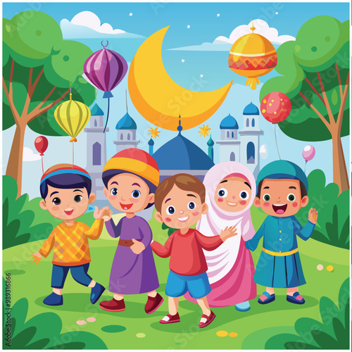 Cute Girl And Boy Moslem Celebrating Ied Mubarak Cartoon Vector Icon Illustration. People Religion Icon Concept Isolated Premium Vector. Flat Cartoon Style